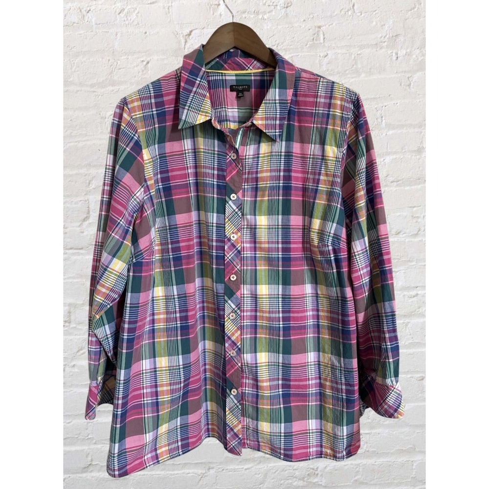 Talbots Shirt Womens 3X Cotton Madras Plaid Button Up Long Sleeve Preppy